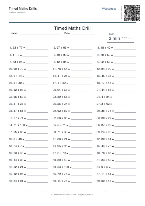 Free printable timed maths drills — Up to 100 — PDF download
