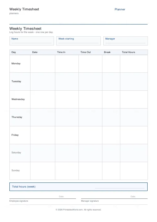 Free printable weekly timesheet — PDF download