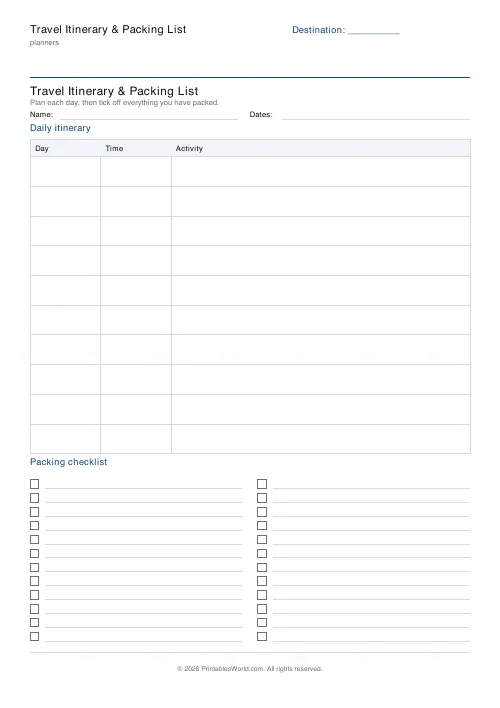 Free printable travel itinerary and packing list (10 itinerary rows), PDF download