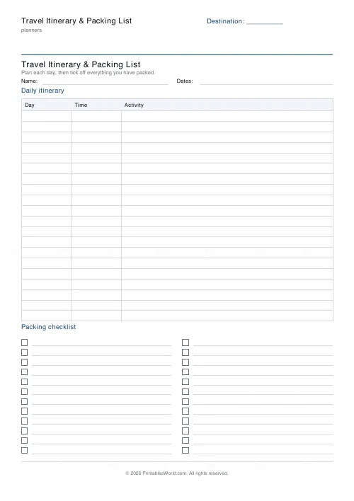 Free printable travel itinerary and packing list (20 itinerary rows), PDF download