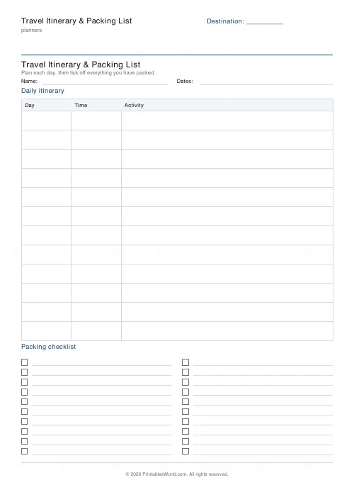 Free printable travel itinerary and packing list (10 packing rows), PDF download