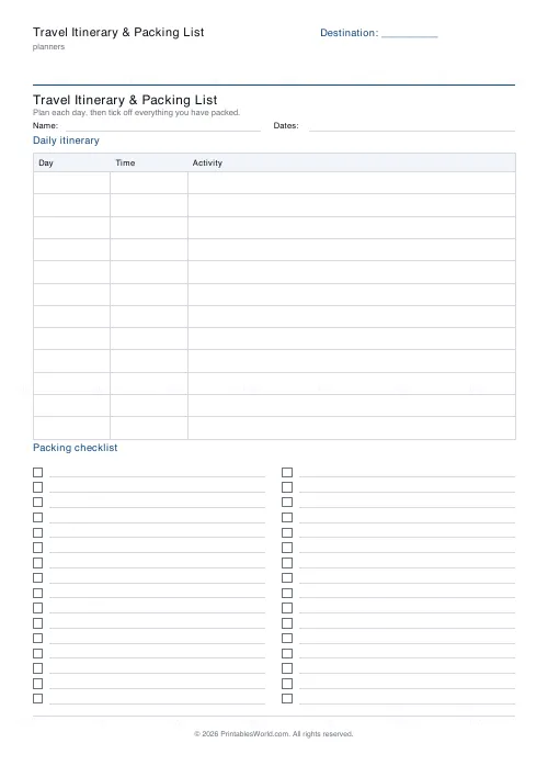 Free printable travel itinerary and packing list (16 packing rows), PDF download