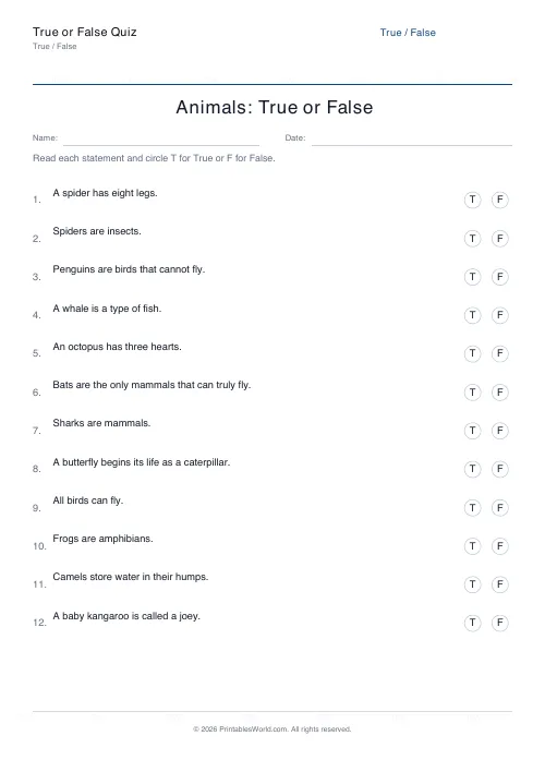 Free printable animals true or false quiz PDF for kids about spiders, whales, bats, and penguins
