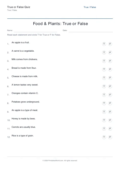 Free printable food true or false quiz PDF about fruits, vegetables, and where food comes from