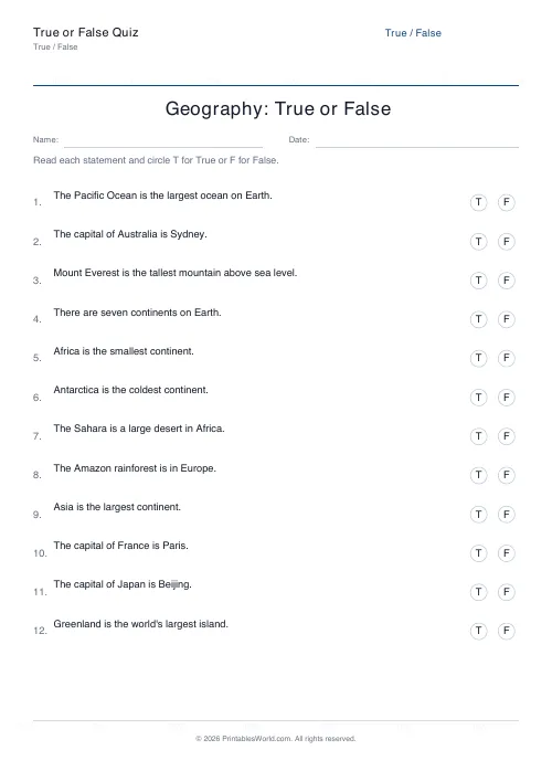 Free printable geography true or false quiz PDF about oceans, continents, and capital cities