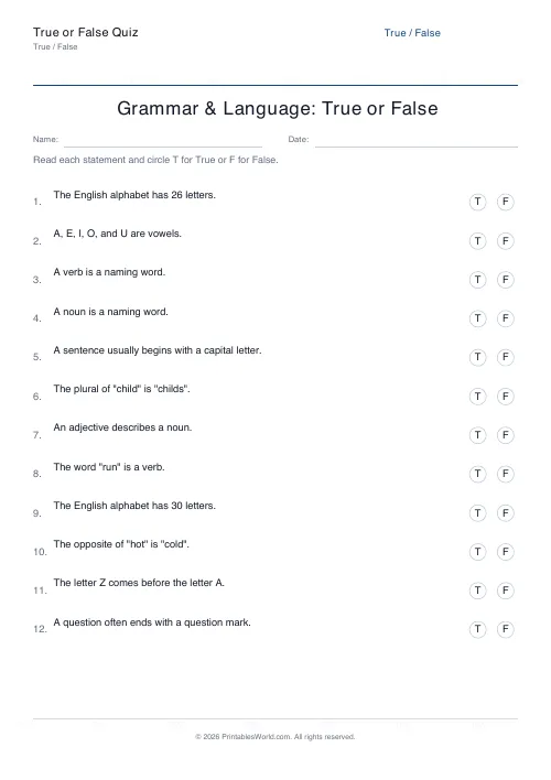 Free printable grammar true or false quiz PDF about vowels, nouns, verbs, and the alphabet