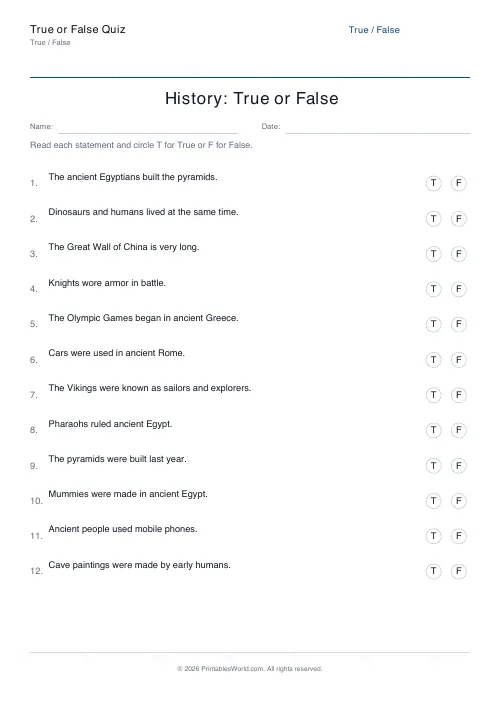 Free printable history true or false quiz PDF about ancient Egypt, dinosaurs, knights, and Vikings