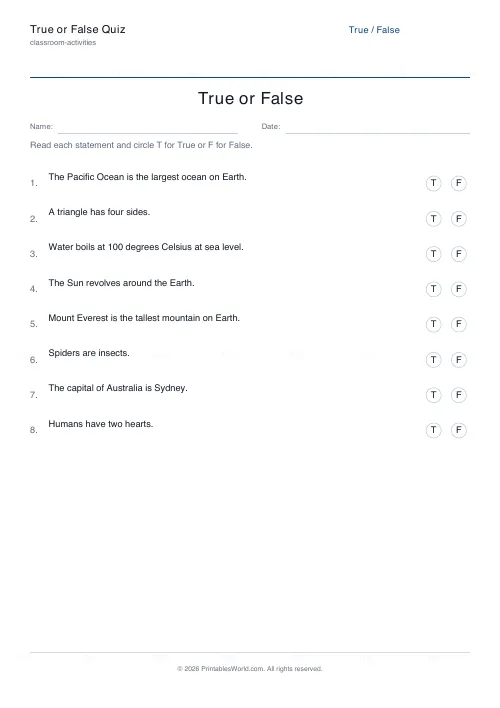 Free printable true/false quiz (Show), PDF download
