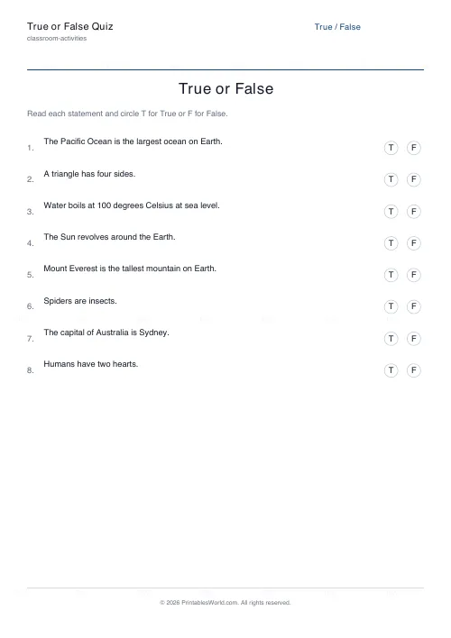 Free printable true/false quiz (Hide), PDF download