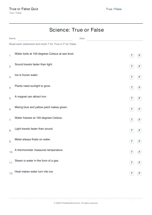 Free printable science true or false quiz PDF for kids about water, heat, light, and magnets