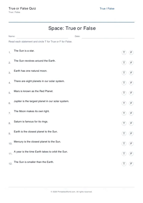Free printable space true or false quiz PDF about the Sun, Moon, planets, and the solar system