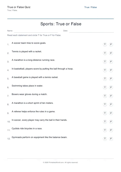 Free printable sports true or false quiz PDF about soccer, tennis, basketball, and swimming