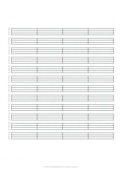 Free printable ukulele tab paper (12 staves), PDF download