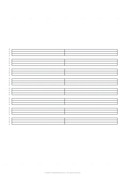 Free printable ukulele tab paper (2 measures), PDF download