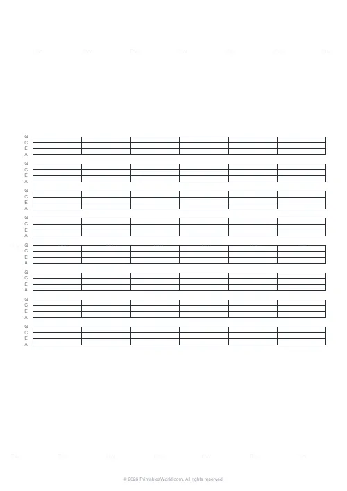 Free printable ukulele tab paper (6 measures), PDF download