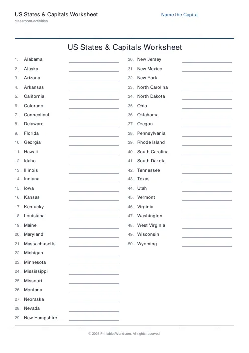 Free printable US states and capitals worksheet — Name the capital — PDF download
