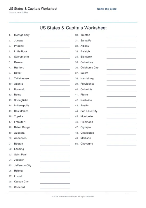 Free printable US states and capitals worksheet — Name the state — PDF download