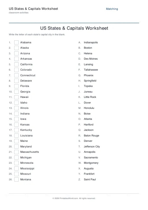 Free printable US states and capitals worksheet — Matching quiz — PDF download