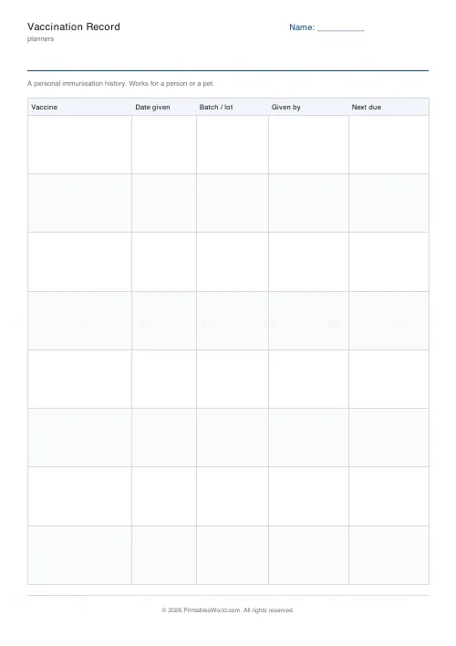 Free printable vaccination record (8 rows), PDF download