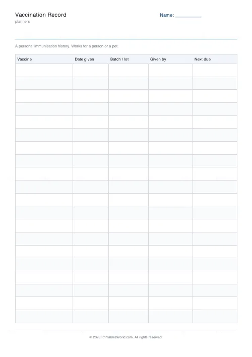 Free printable vaccination record (No name and date band), PDF download