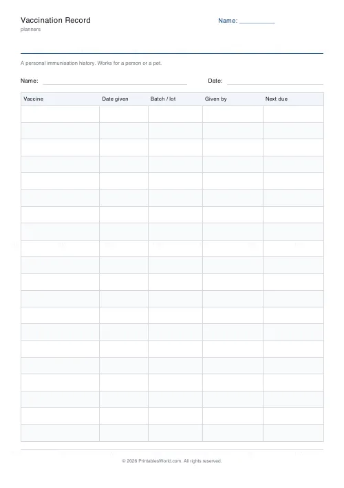 Free printable vaccination record (With a name and date band), PDF download