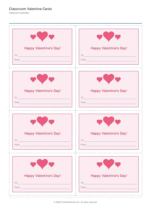 Free printable classroom Valentine cards (Three hearts), PDF download