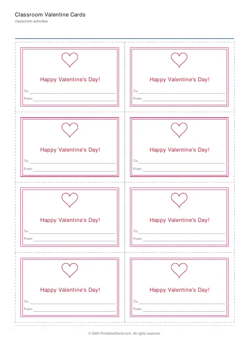 Free printable classroom Valentine cards (Classic frame), PDF download