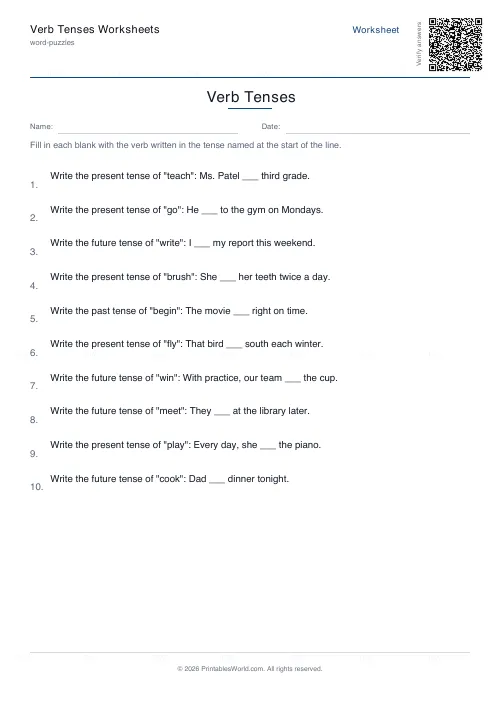 Free printable verb tenses worksheets — PDF download