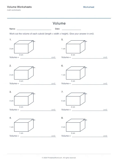 Free printable volume of cuboids worksheet (Up to 5), PDF download