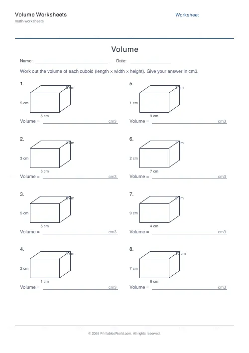 Free printable volume of cuboids worksheet (Up to 10), PDF download