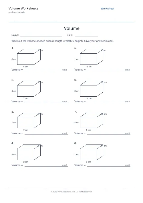 Free printable volume of cuboids worksheet (Up to 15), PDF download