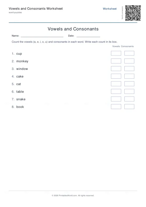Free printable vowels and consonants worksheet (8 words), PDF download