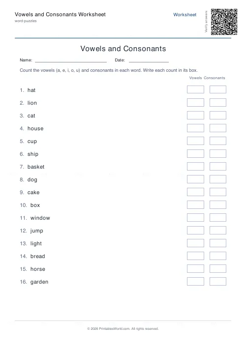 Free printable vowels and consonants worksheet (16 words), PDF download