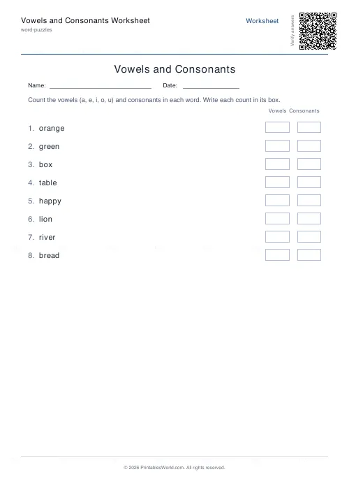 Free printable vowels and consonants worksheet (8 words, with answer key), PDF download