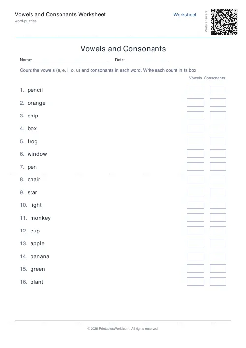 Free printable vowels and consonants worksheet (16 words, with answer key), PDF download