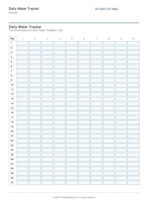 Free printable water tracker — 10 glasses — PDF download