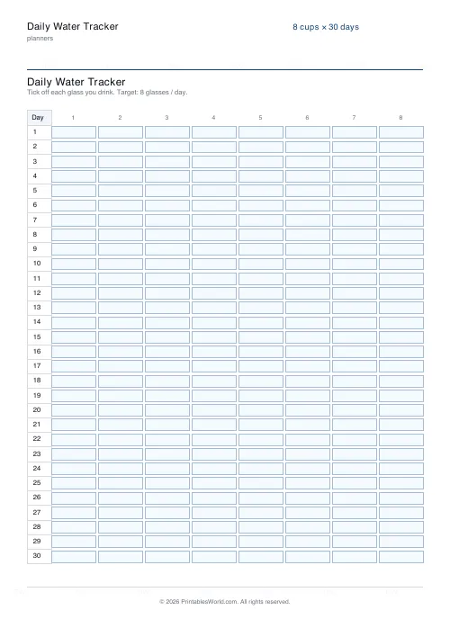 Free printable water tracker — 1 month — PDF download