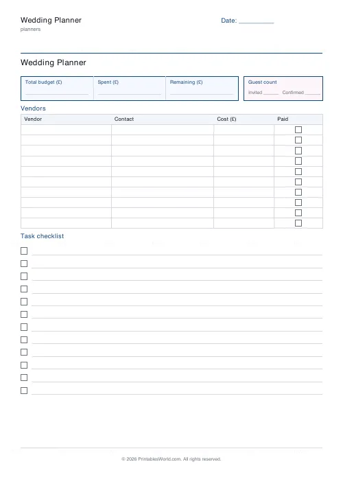 Free printable wedding planner (Pounds (GBP)), PDF download