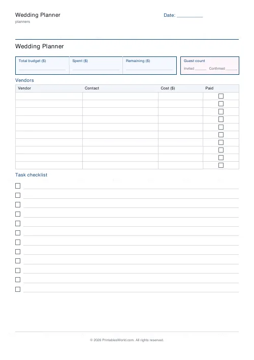 Free printable wedding planner (Dollars (USD)), PDF download
