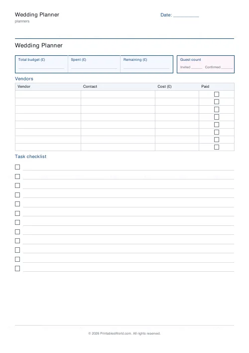 Free printable wedding planner (8 vendors), PDF download