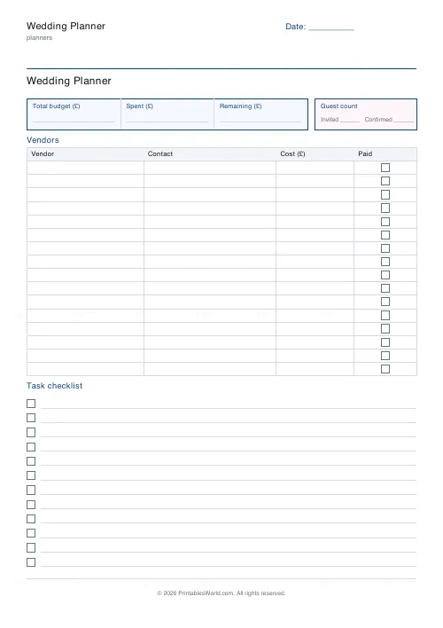 Free printable wedding planner (16 vendors), PDF download