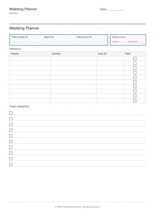 Free printable wedding planner (10 tasks), PDF download