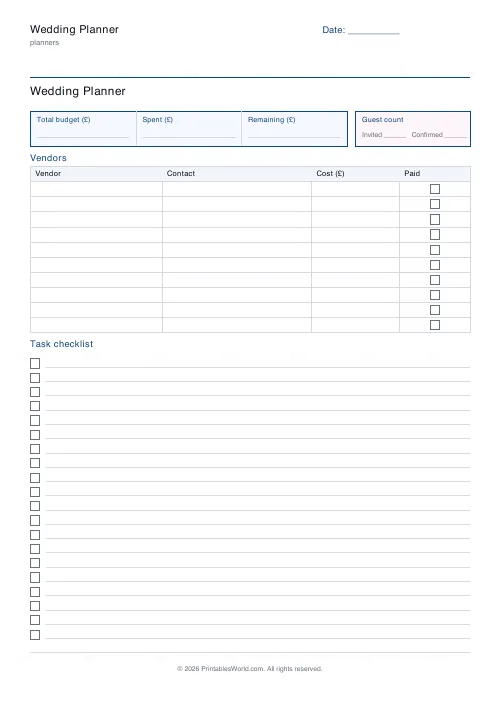 Free printable wedding planner (20 tasks), PDF download