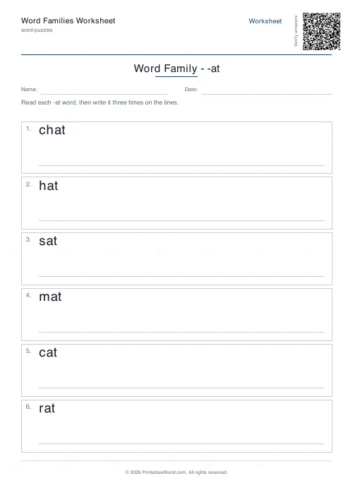 Free printable word family worksheet (-at), PDF download