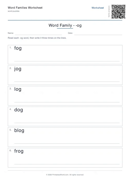 Free printable word family worksheet (-og), PDF download