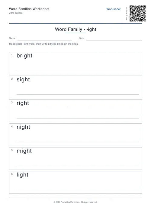 Free printable word family worksheet (-ight), PDF download