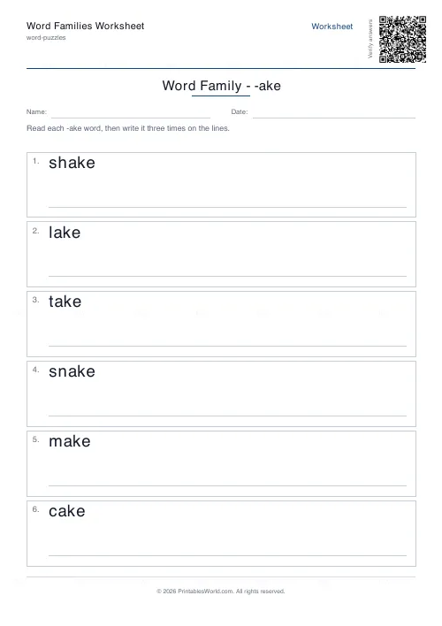 Free printable word family worksheet (-ake), PDF download