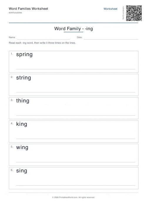 Free printable word family worksheet (-ing), PDF download
