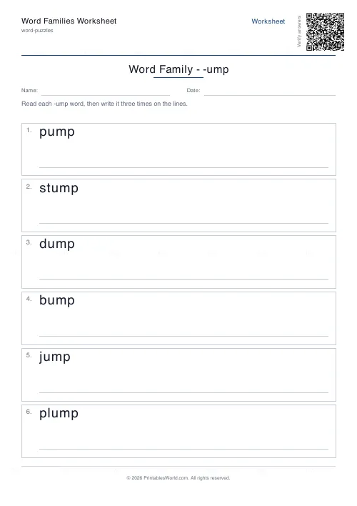 Free printable word family worksheet (-ump), PDF download