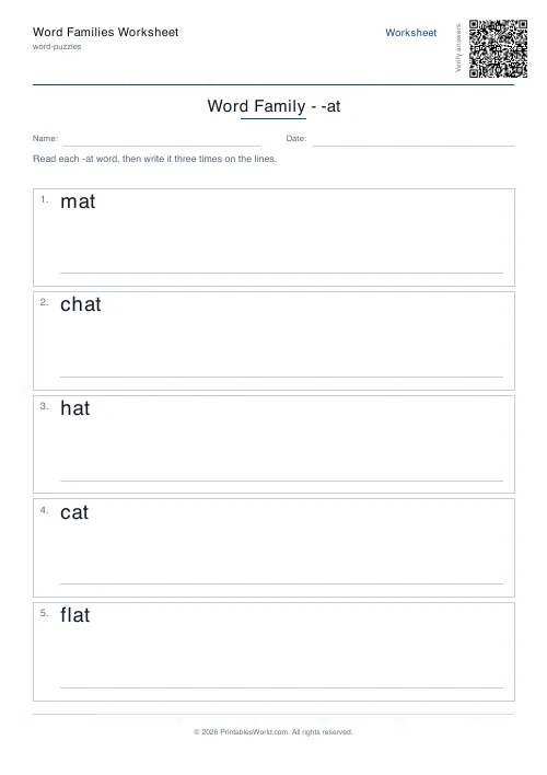 Free printable word family worksheet (5 words), PDF download